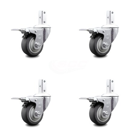 Swivel Square Stem Caster Set 4 w/3? x 1.25? Gray Thermoplastic Rubber Wheel - 7/8? x 2? Square Stem with (3) 17/64? Diameter Mounting Holes - Includes 4 Total Lock Brakes - Service Caster Brand
